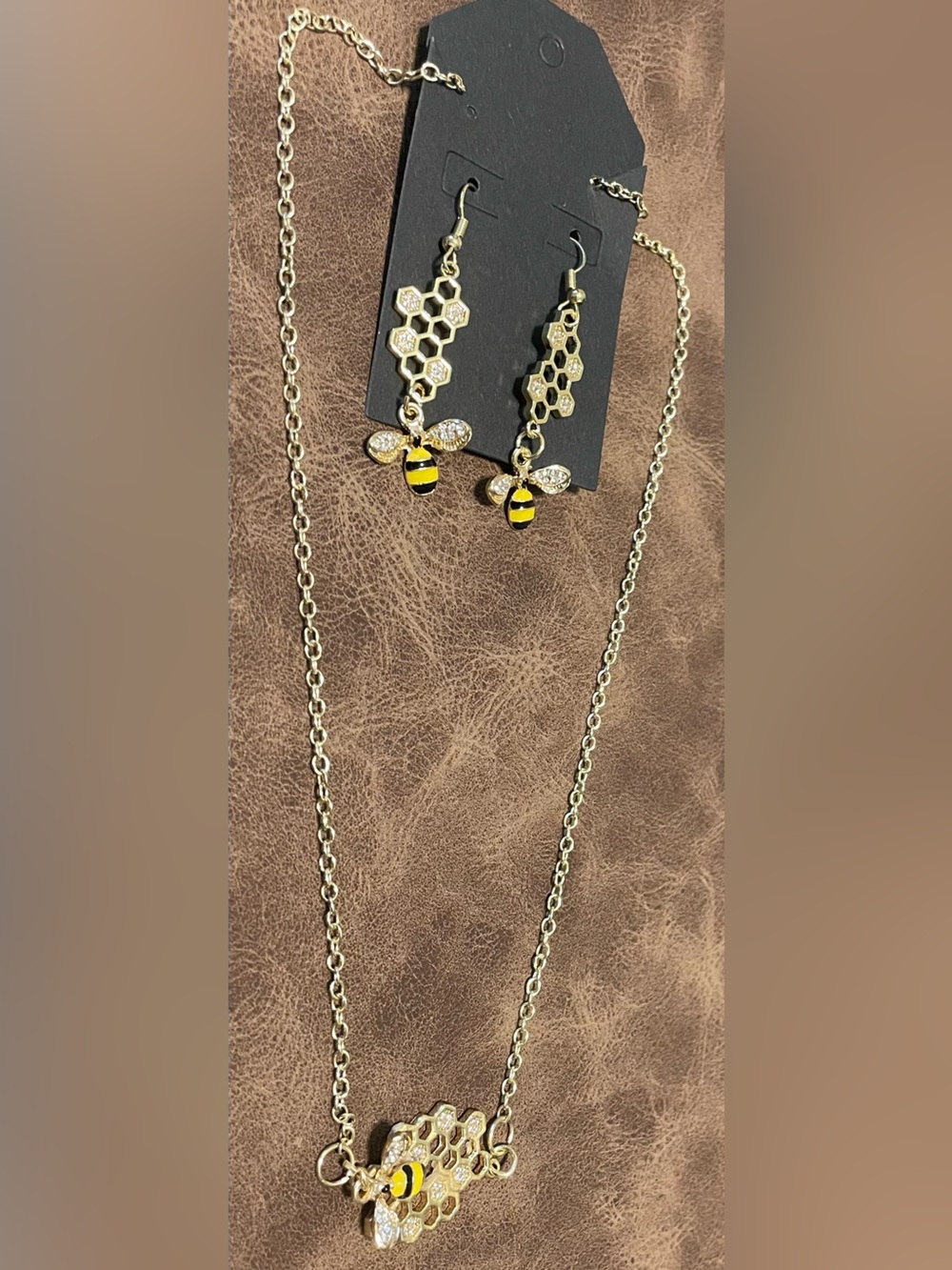 Gold Honeycomb Bee Necklace and Earring Set with Rhinestone Accents